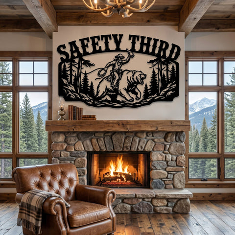 Funny Cowboy Laser SVG | Safety Third Bear Rider DXF File | Plasma CNC Cut File | Rustic Cabin Decor Laser Cut Design SVG HappyDesignStudio 