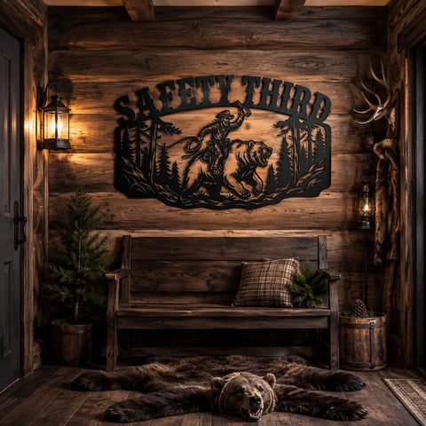 Funny Cowboy Laser SVG | Safety Third Bear Rider DXF File | Plasma CNC Cut File | Rustic Cabin Decor Laser Cut Design SVG HappyDesignStudio 