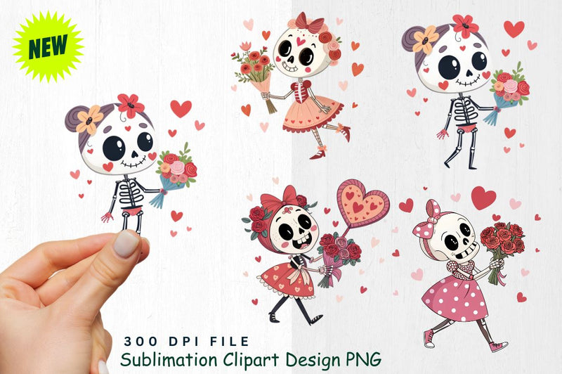 Funny Cute Valentine's day skeletons Clipart Design Sublimation Regulrcrative 