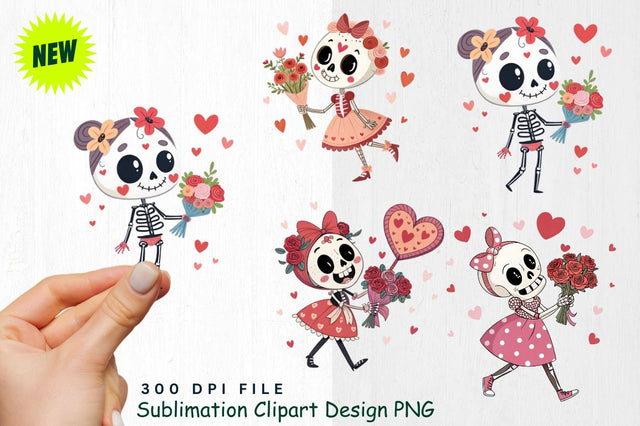 Funny Cute Valentine's day skeletons Clipart Sublimation Regulrcrative 