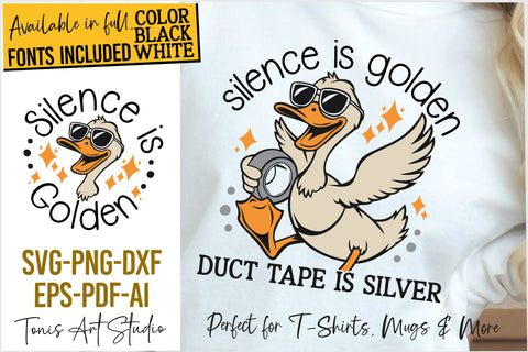 Funny duck svg, silence is golden duct tape is silver, sarcastic quote png dxf, snarky duck design SVG TonisArtStudio 