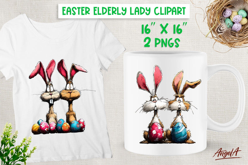 Funny Elderly bunnies with Easter eggs clipart PNG Sublimation Angelina Semenova 