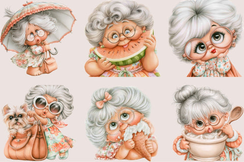 Funny Elderly Lady Clipart PNG Bundle Sublimation SVGArt 
