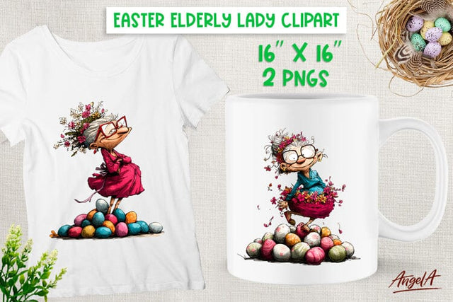 Funny Elderly lady with eggs Easter clipart Grandmother PNG Sublimation Angelina Semenova 