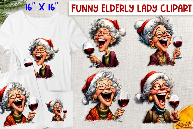 Funny elderly old lady drinking red wine Christmas clipart Sublimation Angelina Semenova 