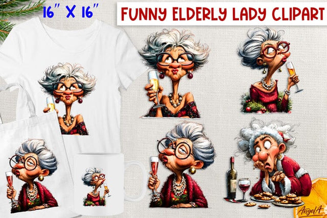 Funny elderly old lady drinking wine Christmas clipart PNG Sublimation Angelina Semenova 