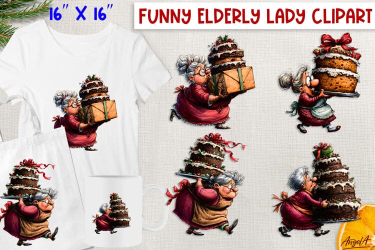 Funny elderly old lady with cake Christmas clipart PNG Sublimation Angelina Semenova 