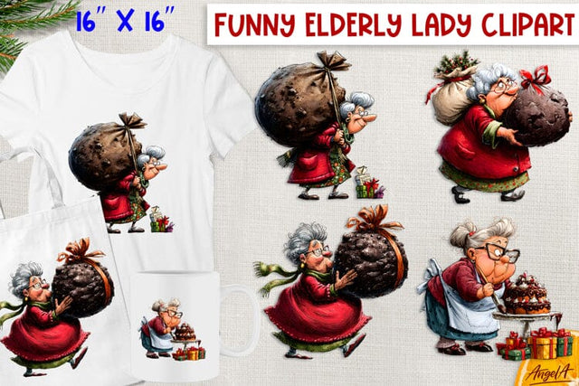 Funny elderly old lady with cake Cute Christmas clipart PNG Sublimation Angelina Semenova 