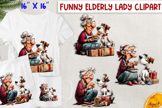 Funny elderly old lady with cute dog clipart PNG cookies Sublimation Angelina Semenova 