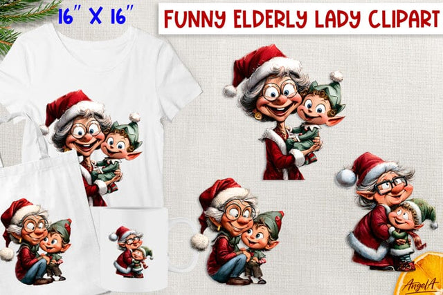 Funny elderly old lady with cute Elf clipart Christmas PNG Sublimation Angelina Semenova 