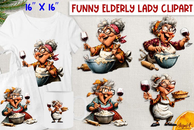 Funny elderly old lady with wine cooking clipart PNG Sublimation Angelina Semenova 