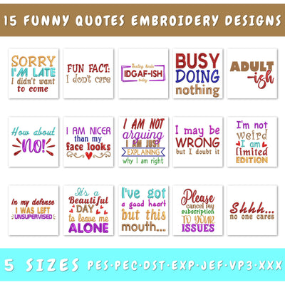 Funny Embroidery Designs Bundle - 15 Designs, Sarcastic Quotes Embroidery, Funny Sayings Embroidery Files, Funny PES Files Embroidery/Applique DESIGNS HappyDesignStudio 