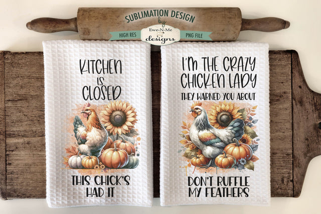 Funny Fall Chickens with Pumpkins Kitchen Towel Sublimation Sublimation Ewe-N-Me Designs 