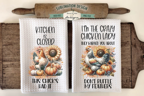 Funny Fall Chickens with Pumpkins Kitchen Towel Sublimation Sublimation Ewe-N-Me Designs 