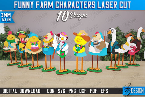 Funny Farm Characters Laser Cut Bundle | Farmhouse Design | Tabletop Statuette | CNC Files SVG Fly Design 