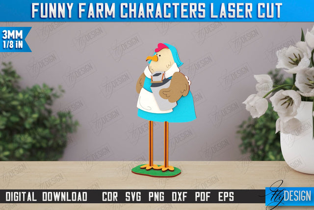 Funny Farm Characters Laser Cut | Farmhouse Design | Tabletop Statuette | CNC File SVG Fly Design 