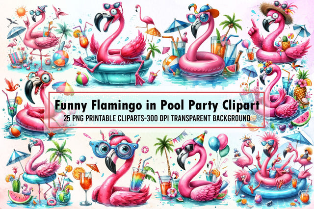 Funny Flamingo in Pool Party Clipart Sublimation designartist 