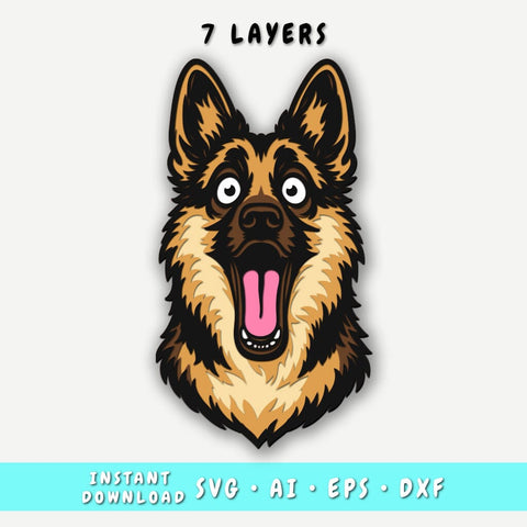 Funny German Shepherd Multilayer SVG, 7 Layer Dog Head Cut File, German Shepherd 3D SVG for Cricut & Laser, German Shepherd DXF SVG HappyDesignStudio 