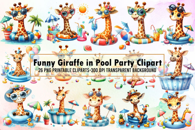 Funny Giraffe in Pool Party Clipart Sublimation designartist 