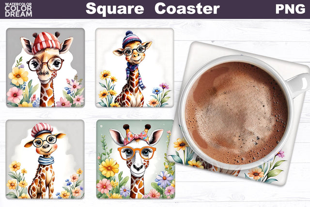 Funny Giraffe Square Coaster | Cute Giraffe Coaster Sublimation WatercolorColorDream 