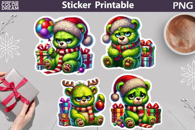 Funny Green Grumpy Christmas Bear Stickers Sublimation WatercolorColorDream 