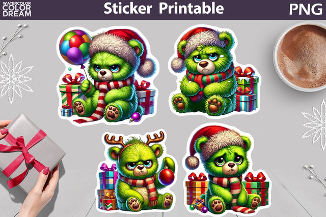 Funny Green Grumpy Christmas Bear Stickers Sublimation WatercolorColorDream 