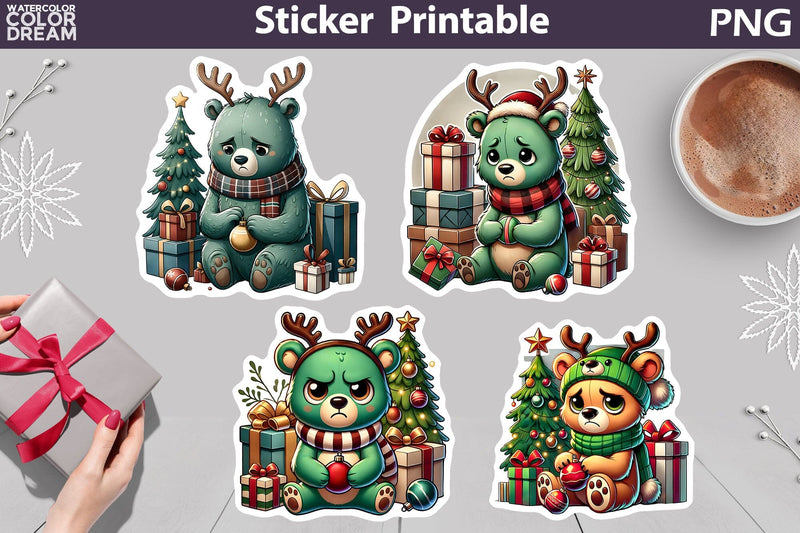 Funny Green Grumpy Christmas Bear Stickers Sublimation WatercolorColorDream 