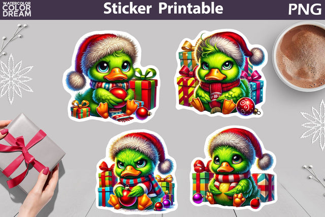 Funny Green Grumpy Christmas Duck Stickers Sublimation WatercolorColorDream 