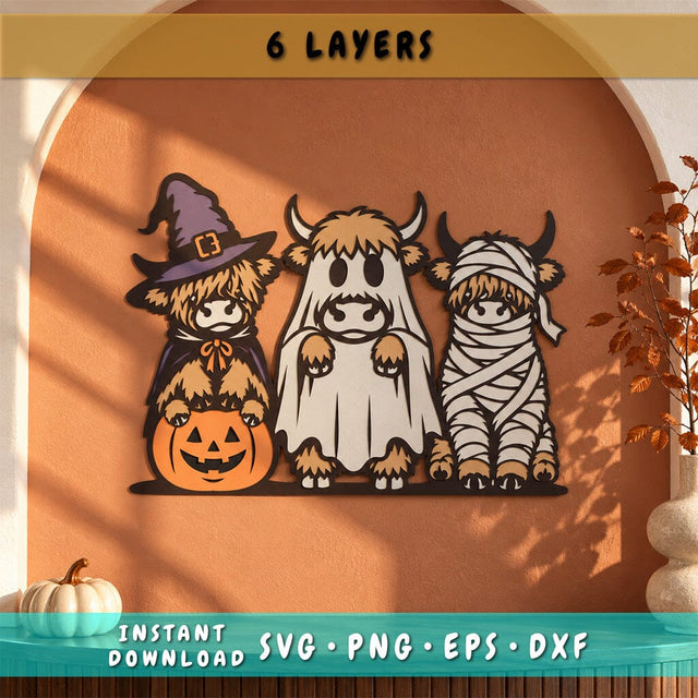 Funny Halloween Highland Cows 3D SVG | Layered Halloween Cow SVG | Witch Ghost Mummy Cow Multilayer SVG | Farmhouse Halloween Decor 3D Paper HappyDesignStudio 