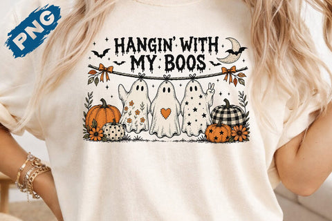 Funny Hanging Ghosts Halloween PNG, Hangin’ With My Boos Shirt Design, Cute Pumpkin Bat SVG DesignDestine 