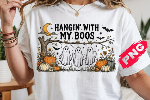 Funny Hanging Ghosts Halloween PNG, Hangin’ With My Boos Shirt Design, Cute Pumpkin Bat SVG DesignDestine 
