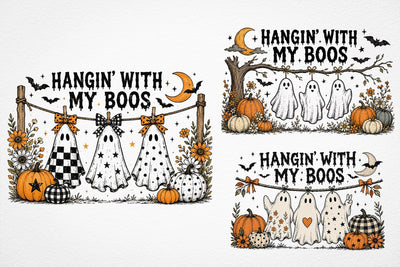 Funny Hanging Ghosts Halloween PNG, Hangin’ With My Boos Shirt Design, Cute Pumpkin Bat SVG DesignDestine 
