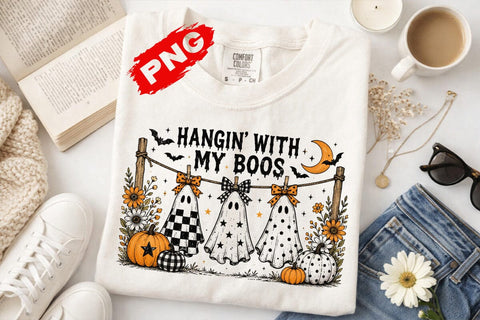 Funny Hanging Ghosts Halloween PNG, Hangin’ With My Boos Shirt Design, Cute Pumpkin Bat SVG DesignDestine 