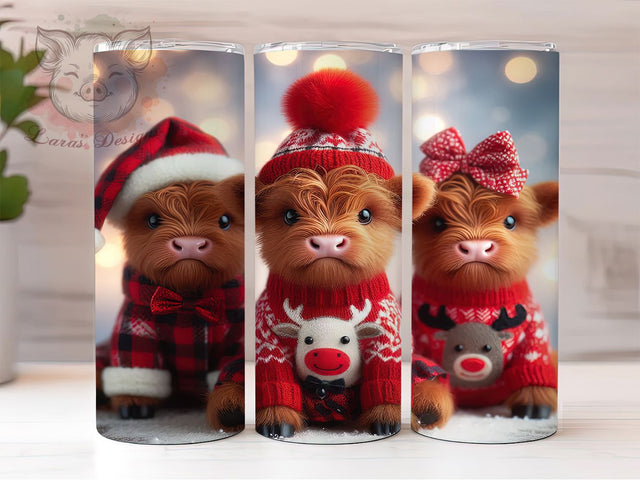 Funny Highland Cow Christmas Tumbler, Seamless Christmas Wrap, Farm Animal Holiday Sublimation, Quirky Cow Cup, 20Oz Skinny Tumbler Wrap, Humorous Christmas Mug, Rustic Cow Design Sublimation Lara' s Designs 