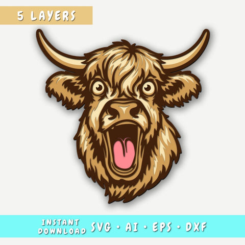 Funny Highland Cow Multilayer SVG, Layered Cow Head Cut File, 3D Highland Cow SVG for Cricut & Laser, Highland Cow 3D DXF SVG HappyDesignStudio 