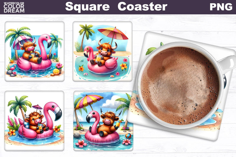 Funny Highland Cow Square Coaster | Cute Cow Beach Coaster Sublimation WatercolorColorDream 