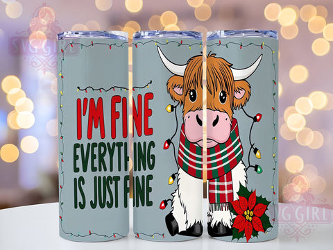 Funny Highland Cow Tumbler, Christmas Humor Gift, I'm Fine Design, Holiday Drinkware, Cute Cow Sublimation, Festive Highland Cow, Whimsical Christmas Decor Sublimation SvggirlplusArt 