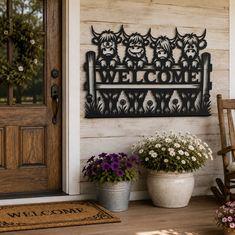 Funny Highland Cows Welcome Sign Laser SVG | Highland Cow Metal Wall Art DXF | Farmhouse Welcome Door Sign | CNC Plasma Laser Cut Files SVG HappyDesignStudio 