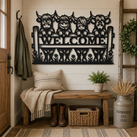 Funny Highland Cows Welcome Sign Laser SVG | Highland Cow Metal Wall Art DXF | Farmhouse Welcome Door Sign | CNC Plasma Laser Cut Files SVG HappyDesignStudio 