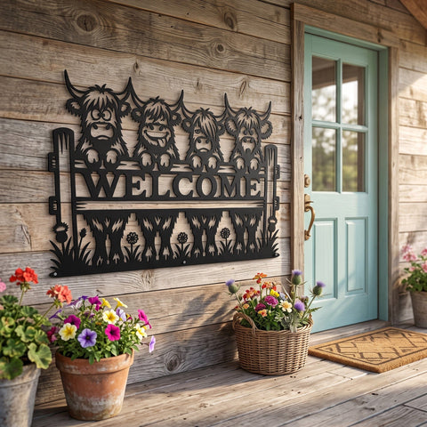Funny Highland Cows Welcome Sign Laser SVG | Highland Cow Metal Wall Art DXF | Farmhouse Welcome Door Sign | CNC Plasma Laser Cut Files SVG HappyDesignStudio 