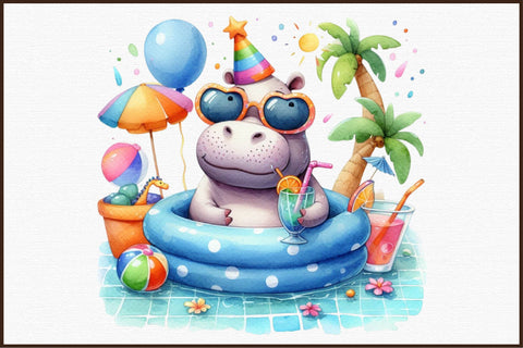 Funny Hippo in Pool Party Clipart Bundle Sublimation designartist 