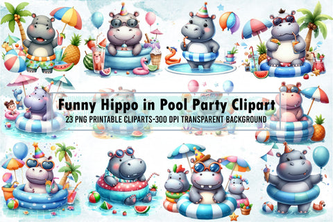Funny Hippo in Pool Party Clipart Bundle Sublimation designartist 