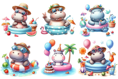Funny Hippo in Pool Party Clipart Bundle Sublimation designartist 