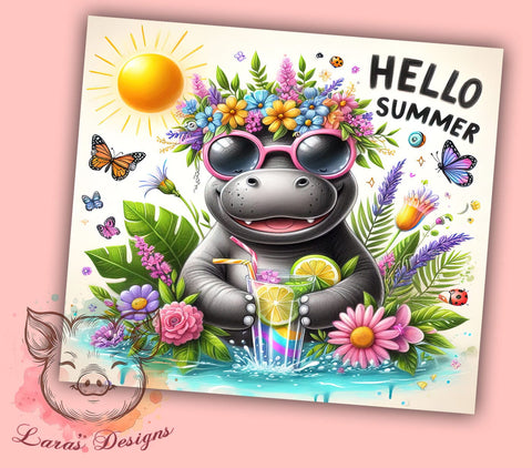 Funny Hippo, Summer Tumbler, 20oz Tumbler Wrap, Sublimation PNG, Beach Bum Design, Cute Hippo, Summer Vibes Sublimation Lara' s Designs 