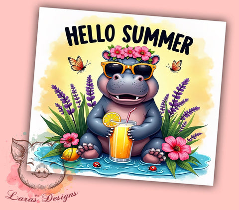 Funny Hippo, Summer Tumbler, 20oz Tumbler Wrap, Sublimation PNG, Beach Bum Design, Cute Hippo, Summer Vibes Sublimation Lara' s Designs 