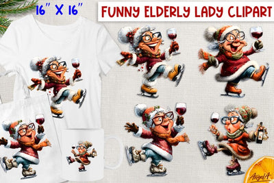 Funny old lady ice skating with wine Christmas clipart PNG Sublimation Angelina Semenova 