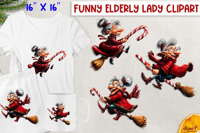 Funny old lady, witch on broomstick of candy cane clipart Sublimation Angelina Semenova 