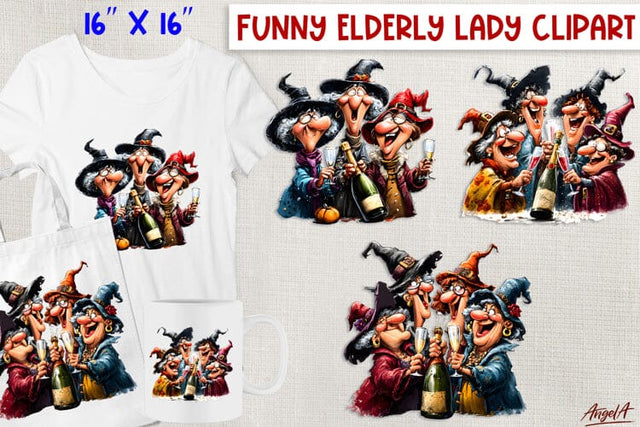 Funny old lady witches drinking wine Halloween clipart PNG Sublimation Angelina Semenova 