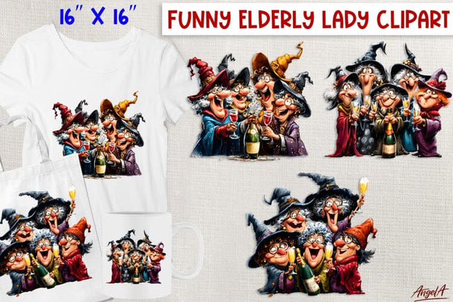 Funny old lady witches Halloween clipart Humor adult PNG Sublimation Angelina Semenova 