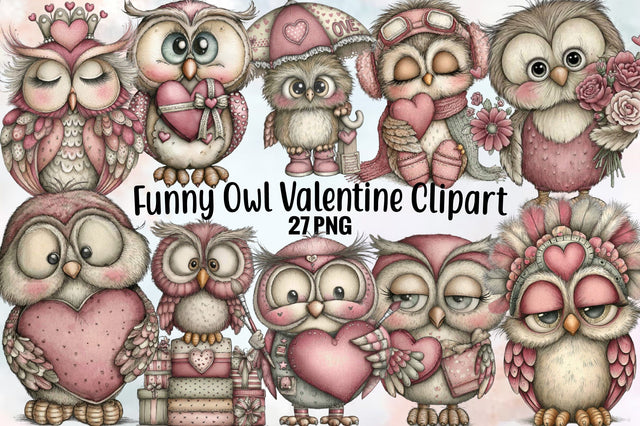 Funny Owl Valentine Elements Clipart Bundle. Sublimation SVGArt 